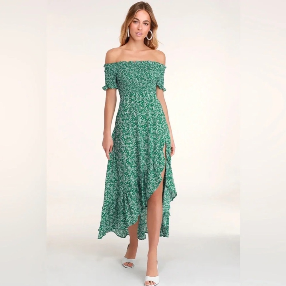 Lulus Fleur-tation Green Floral Print Off-the-Shoulder Midi Dress | size small